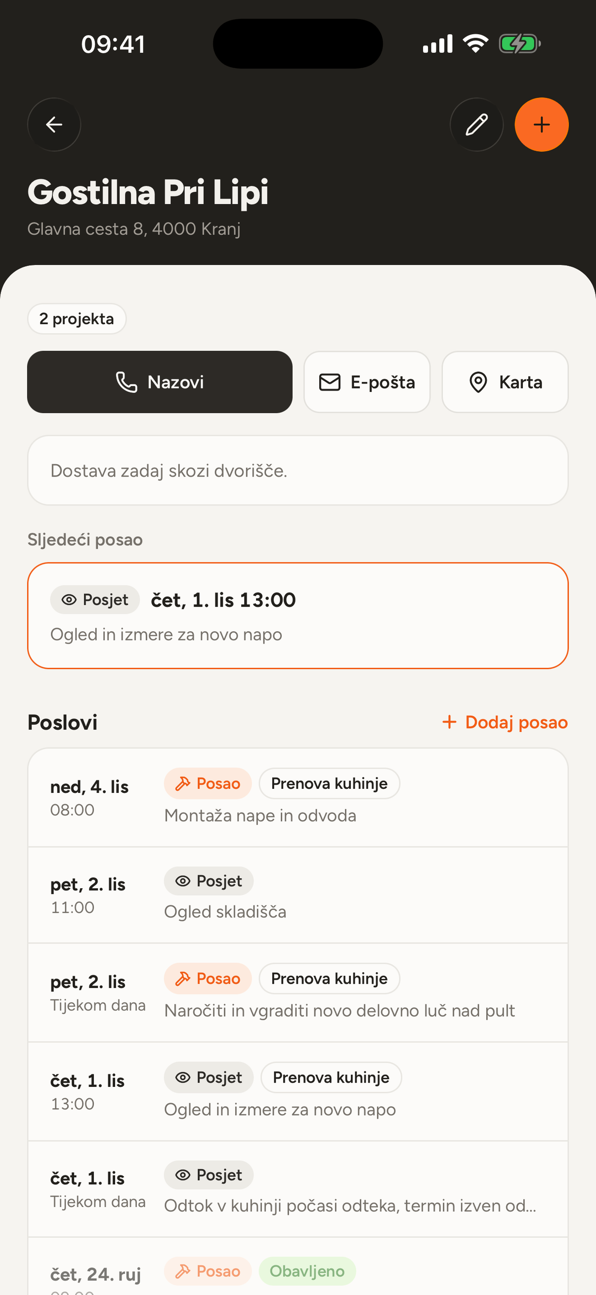 Klijent s pozivom, kartom i sljedećim poslom