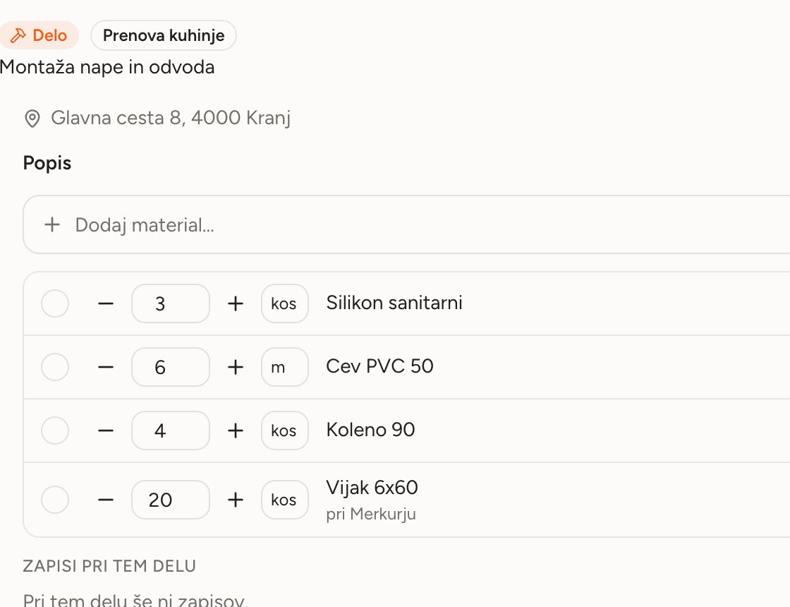 Popis materiala pri delu