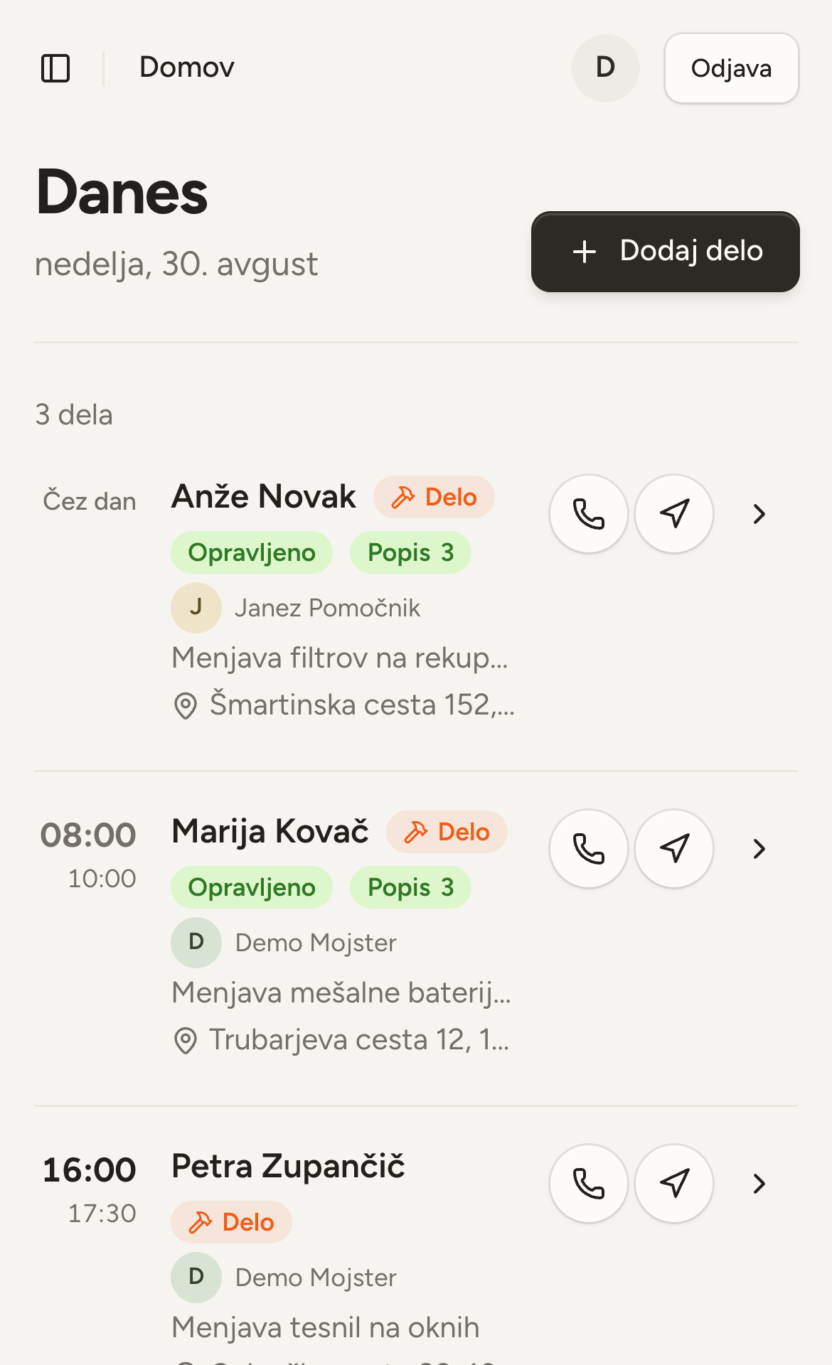 Today's jobs on a phone