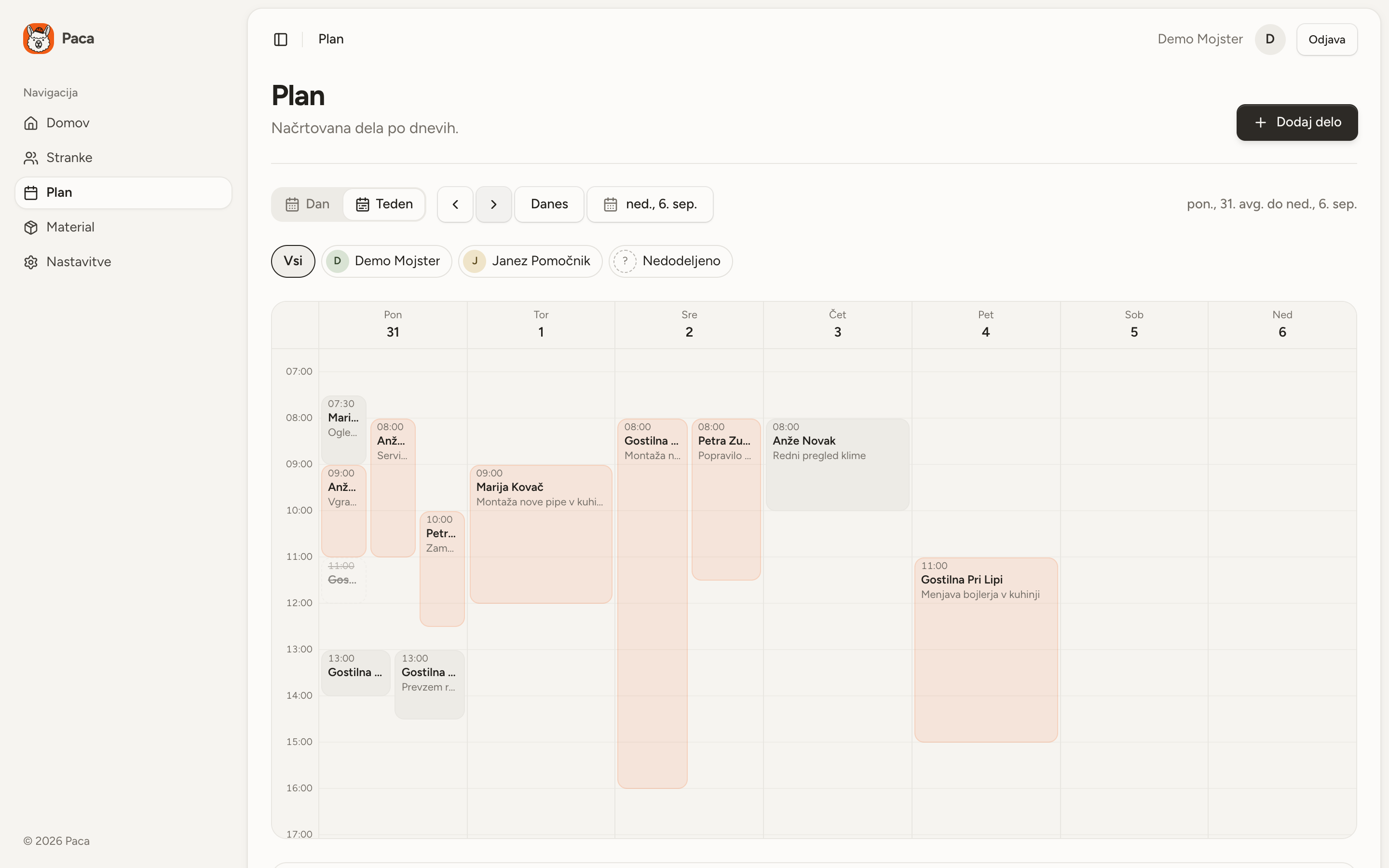 Week schedule with jobs laid out across the days