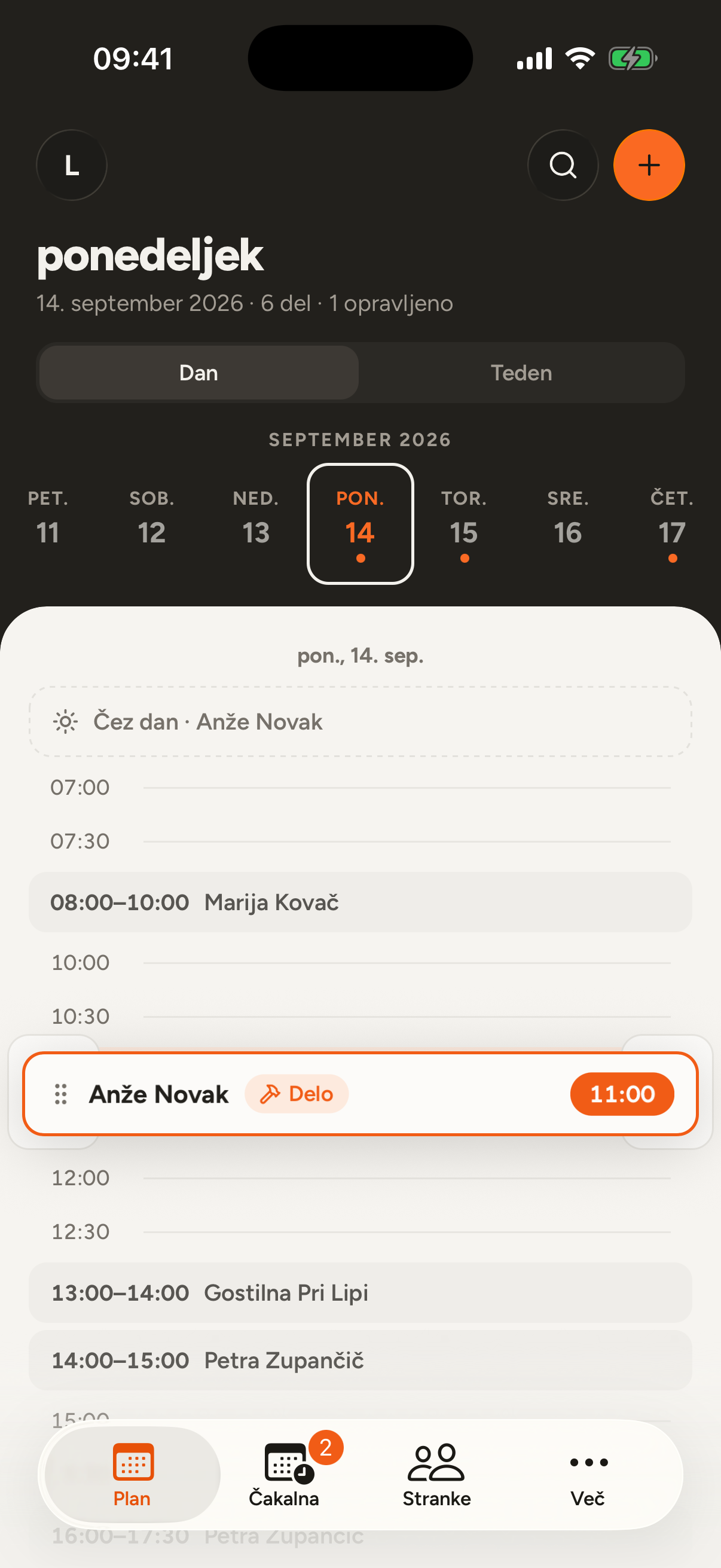 Premik dela z vlečenjem v dnevnem planu