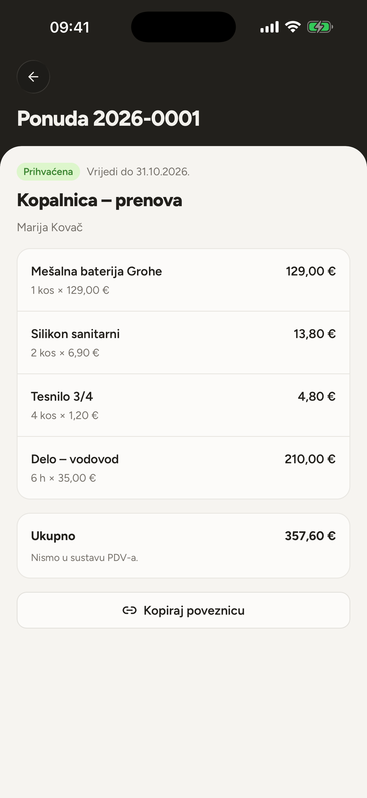 Prihvaćena ponuda sa stavkama i iznosom
