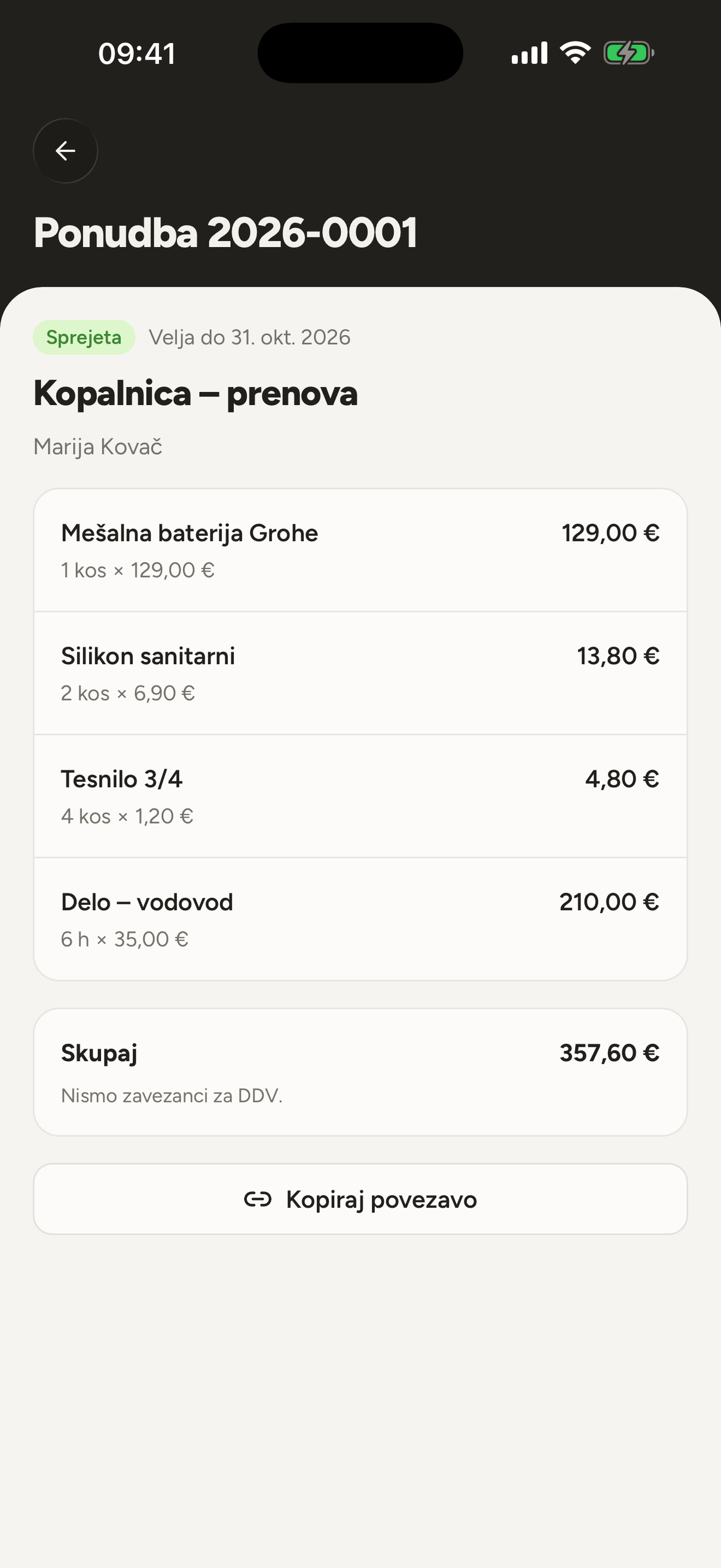 Sprejeta ponudba z vrsticami in zneskom