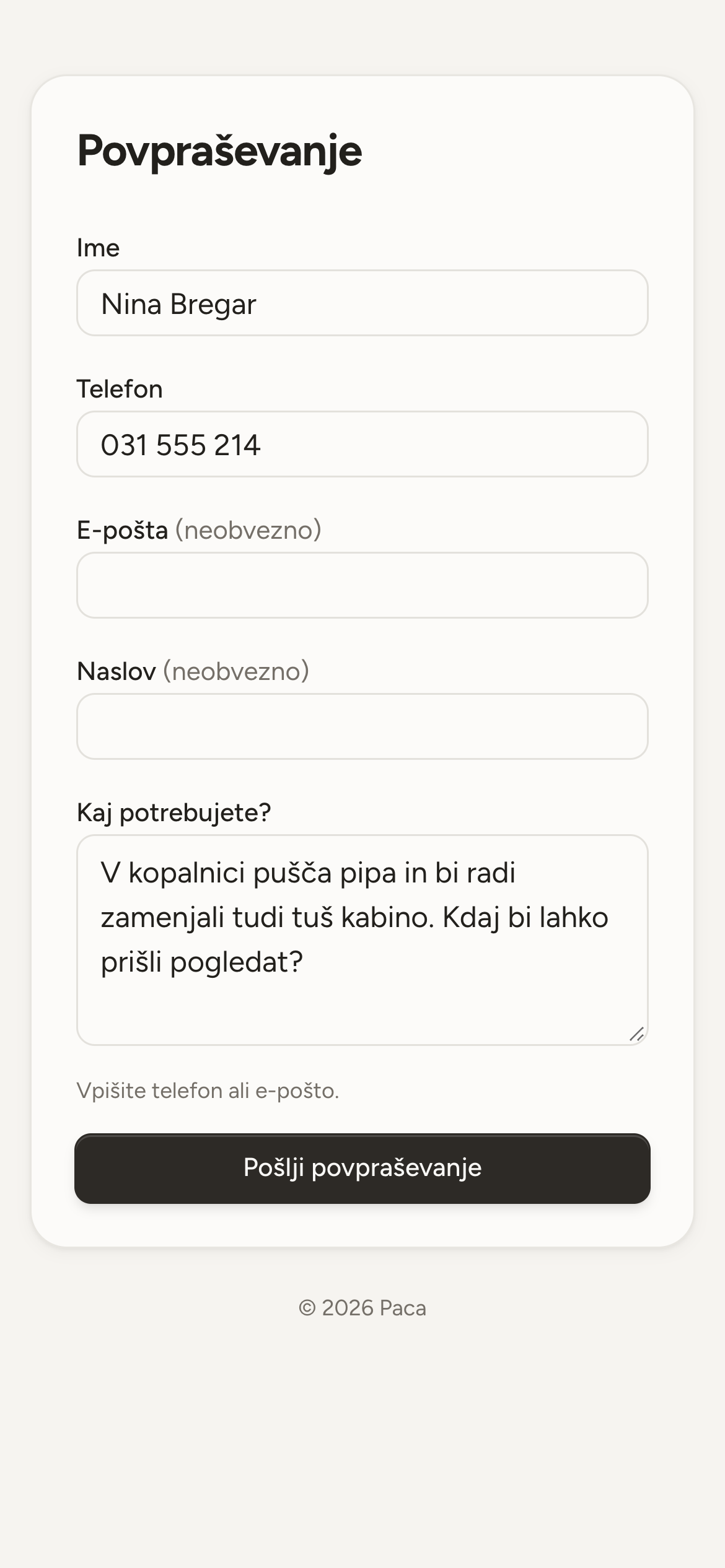 The enquiry form on a customer's phone