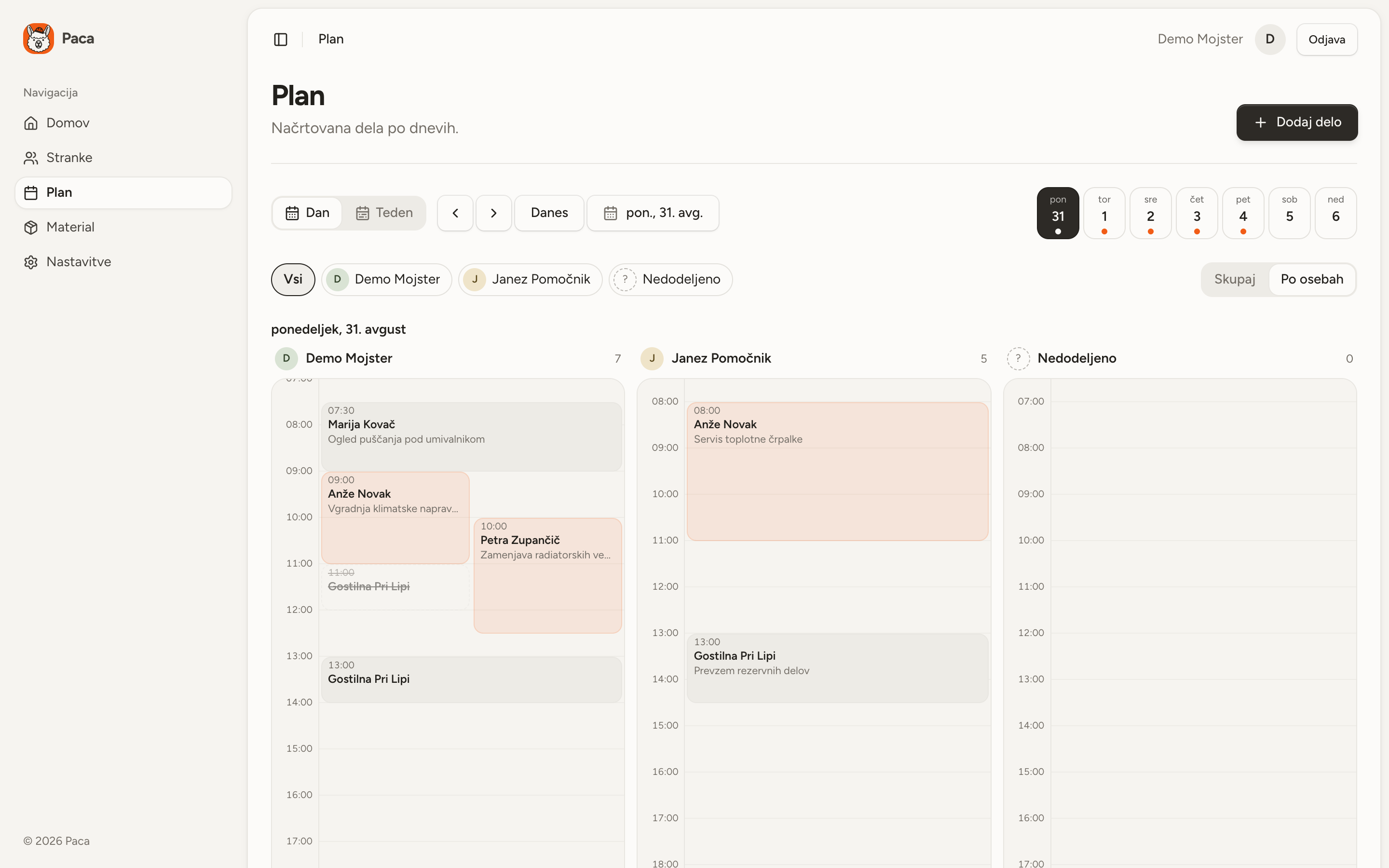 Day schedule split by person